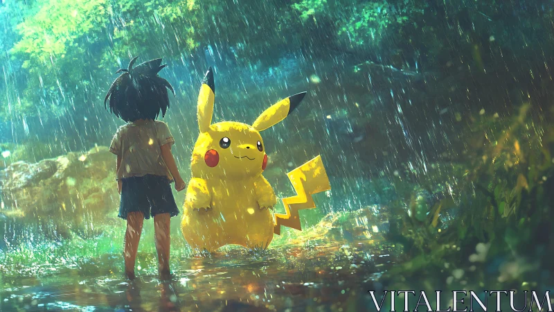 Child and yellow creature stand in forest clearing under rain