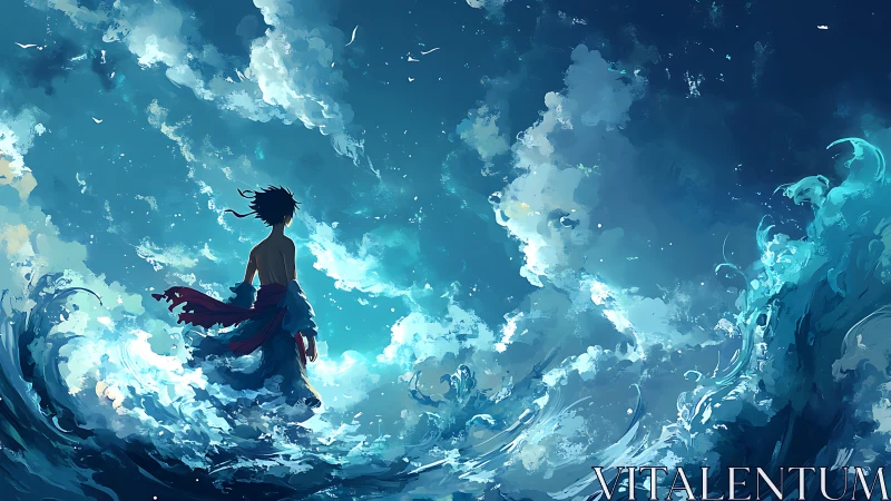 Solitary figure amid stylized ocean waves and clouds.