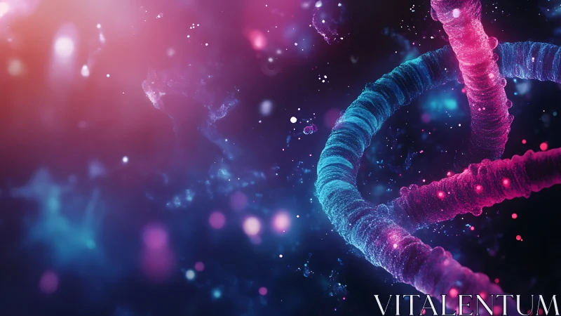 Cosmic DNA spirals glowing in a dreamy neon galaxy.