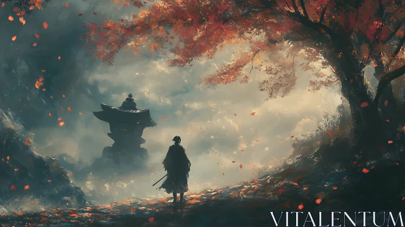 Samurai silhouette beneath autumnal canopy in misted shrine path.