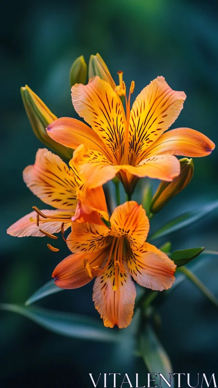 Alstroemeria blooms radiate golden splendor against moody depths