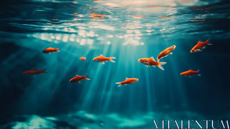 Sunlit goldfish drift through cathedral-blue underwater glow.