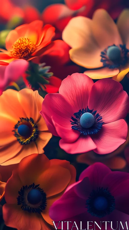 Vibrant digital anemone flowers with bold contrasting centers in full bloom