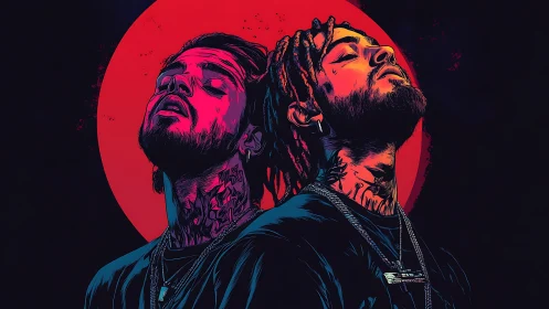 Neon twin swagger under a burning crimson moon halo.