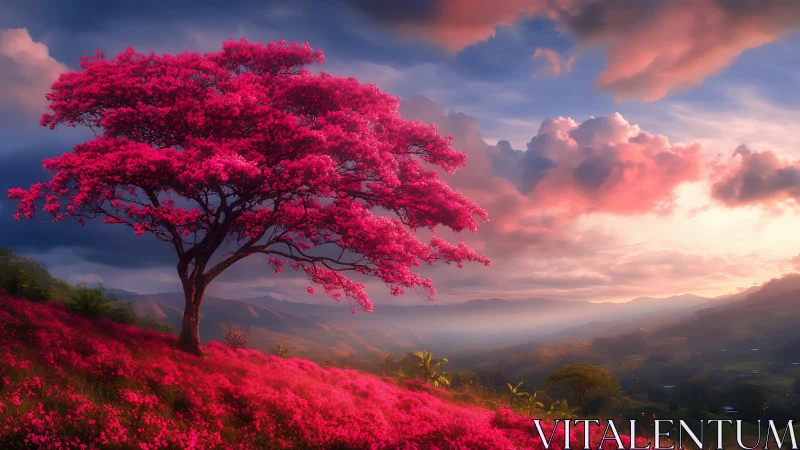 Vibrant pink tree above misty valley at glowing sunset.