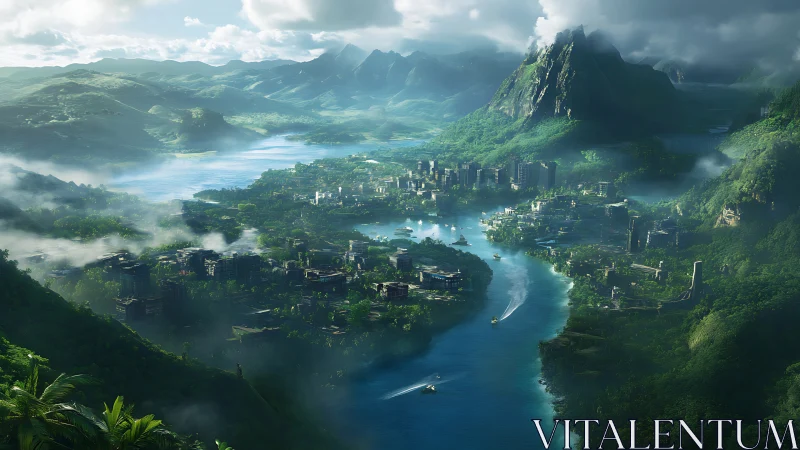 Fantasy Valley City Nested Between Misty Mountains