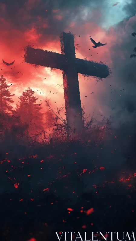 Charred cross silhouette rises amid embers and bicolored storm sky