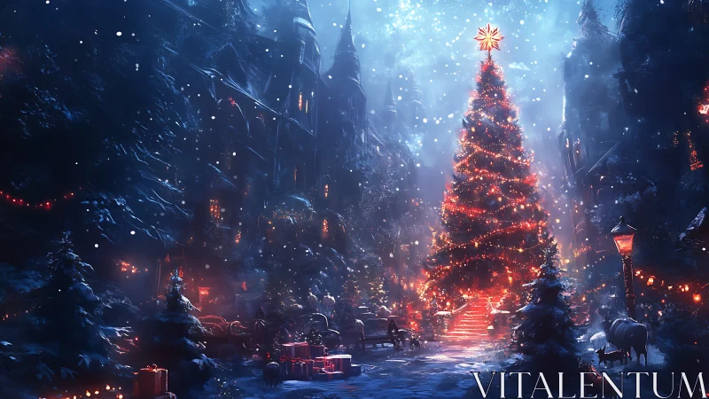 Central illuminated Christmas tree in snowy urban square at night