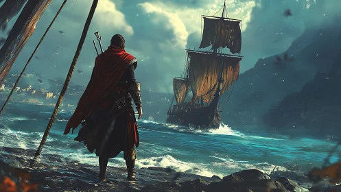 Lone cloaked warrior watches stormlit galleon depart shore