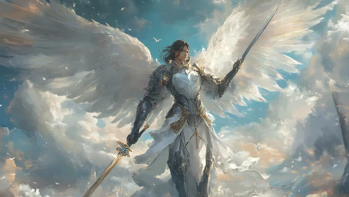 Seraphic skyblade sentinel poised above storm-touched clouds.