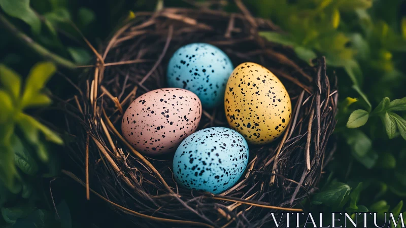 Colored speckled eggs rest in a constructed twig nest outdoors