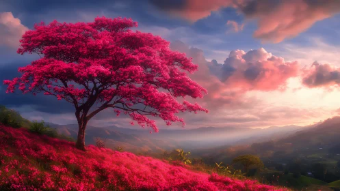 Vibrant pink tree above misty valley at glowing sunset.