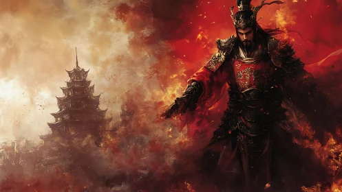 Fiery warlord strides through burning city in crimson armor
