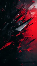 Sharp red and black geometric shards in dark field.