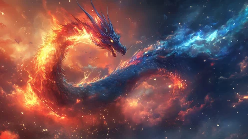 Cosmic serpentine dragon encircled by fire and nebula clouds.