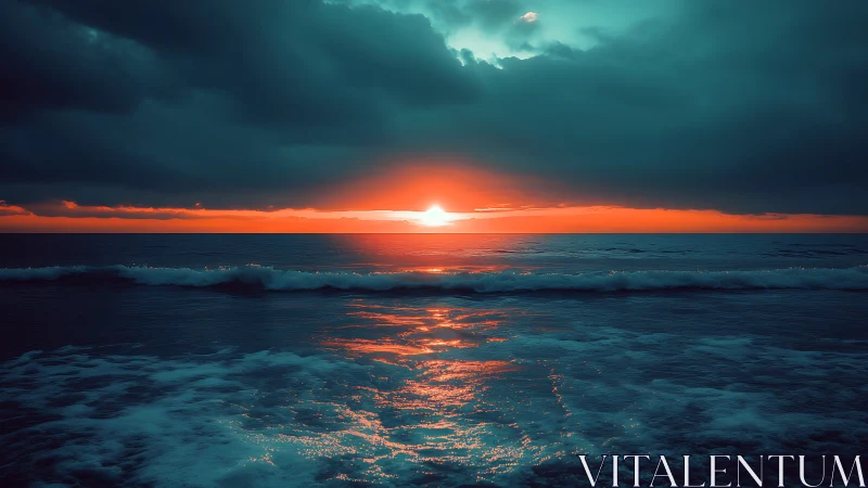 Electric dusk horizon pouring fire across teal waves.