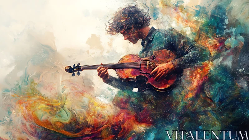 Musician holds violin amid digitally rendered color dispersion