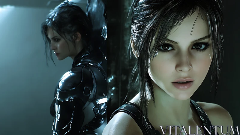 Futuristic cyber warrior holds a steely, rain-soaked resolve