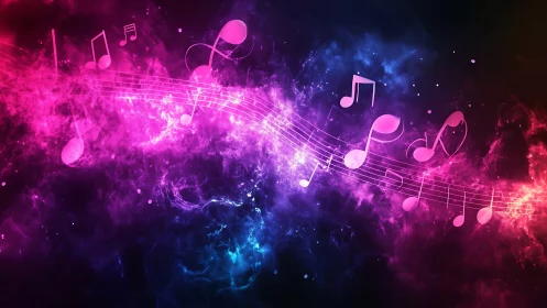 Digital painting of neon music notes in cosmic motion flow.