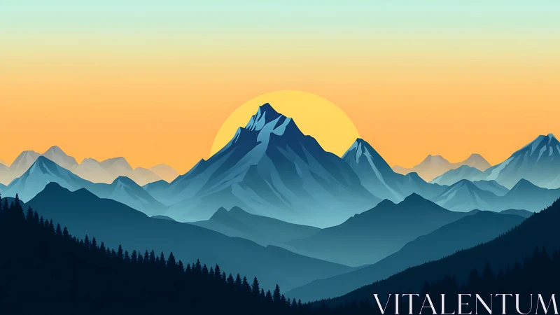 Layered blue mountain range is shown under a rising sun