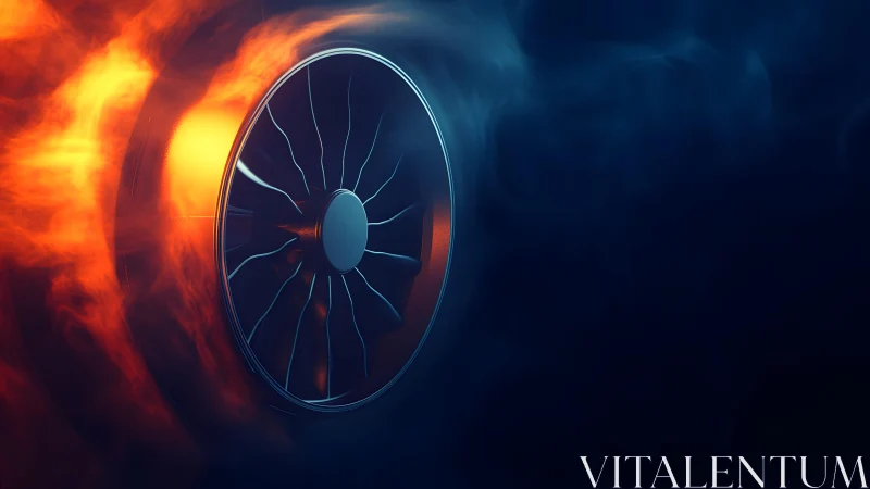 Jet engine turbine in dramatic lighting with vivid fire and smoke.