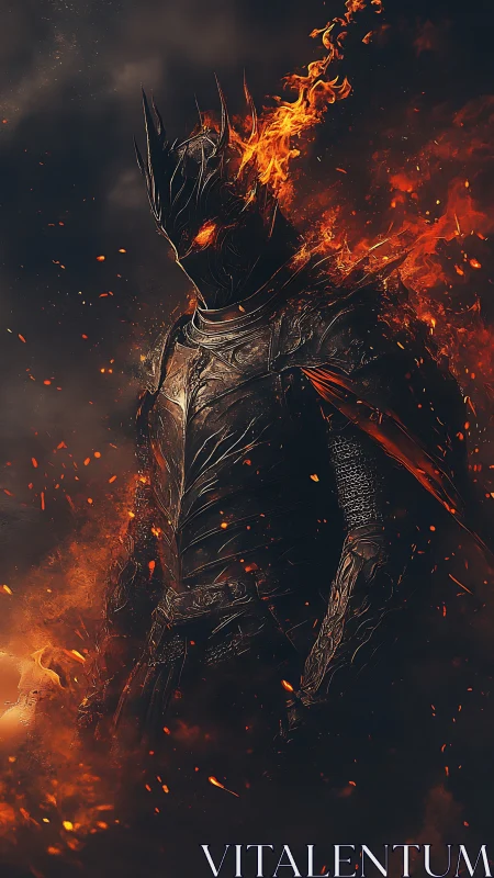 Flaming dark knight in molten inferno armor stands alone.