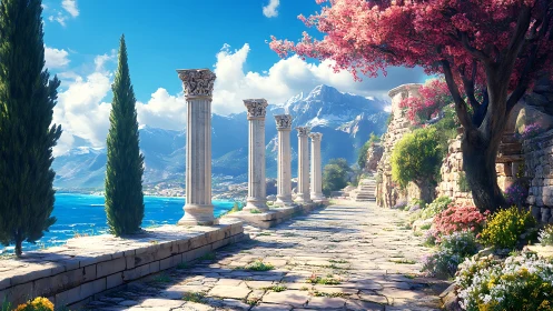 Mediterranean colonnade with floral ruins under alpine horizon.