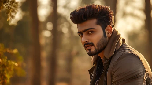 Warm backlit portrait of man in autumn forest glow.