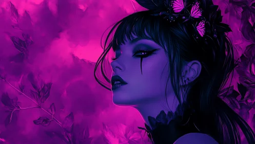 Neon dusk butterfly queen with midnight tearstained gaze.