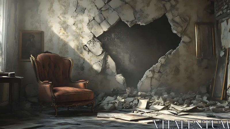 Digital painting of ruined salon with armchair and breached wall.