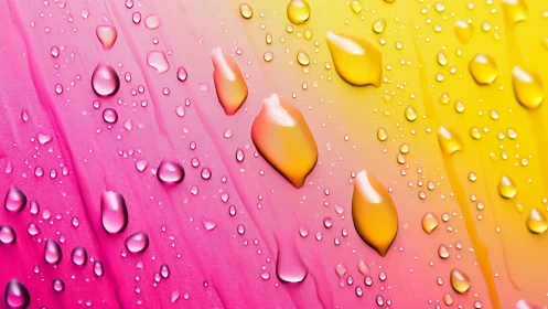 Macro gradient droplets on vibrant pink to yellow surface.