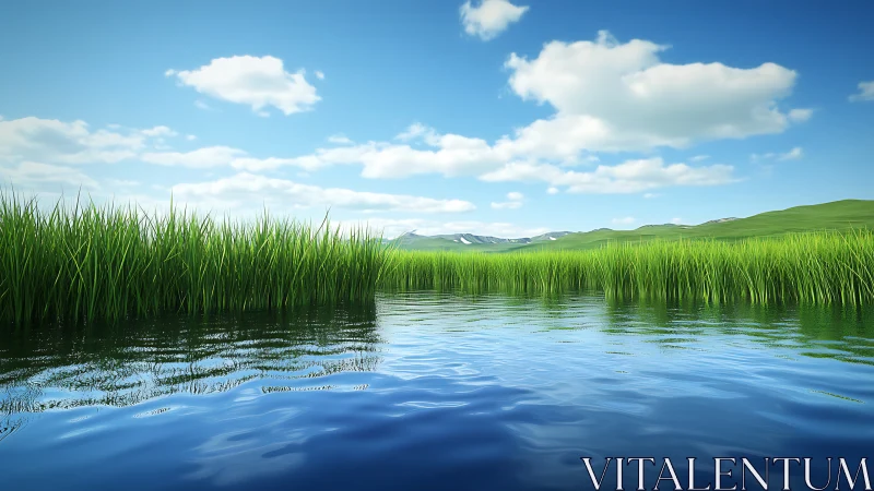 Quiet riverside grasses under a bright open sky.