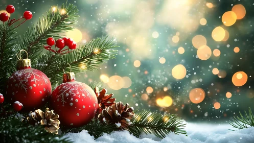 Snow dusted red baubles rest in luminous festive bokeh field