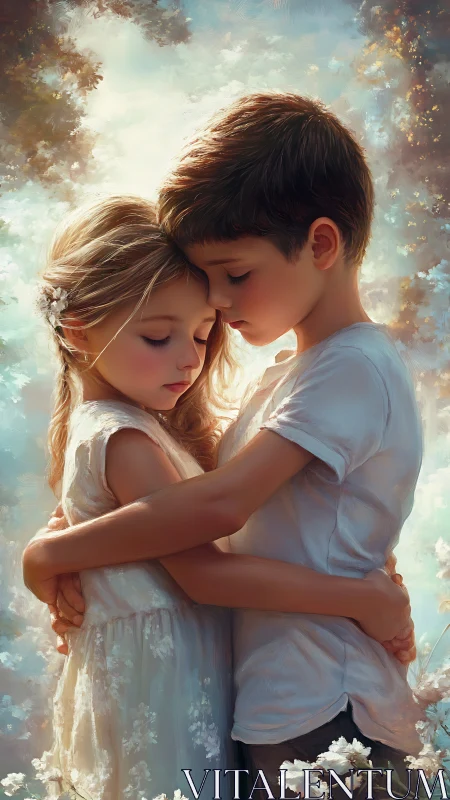Two children embracing in ethereal light.