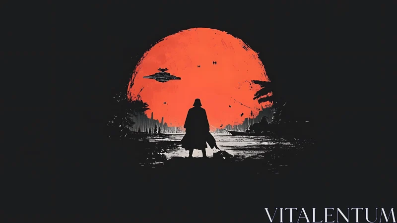 Graphic silhouette sci fi landscape with red eclipse sunform.