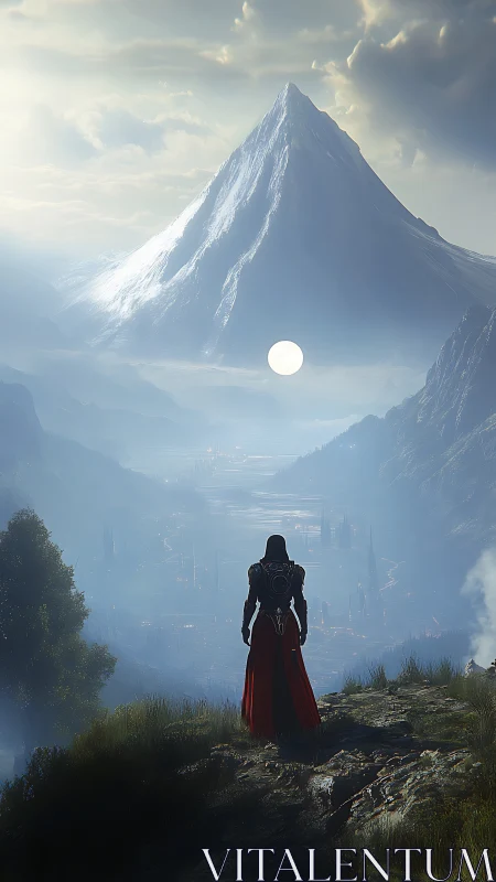 Solitary wanderer before luminous valley and vast peak.