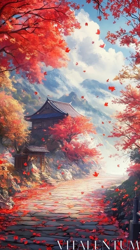 Autumn temple path drifts into mist beneath bright mountains