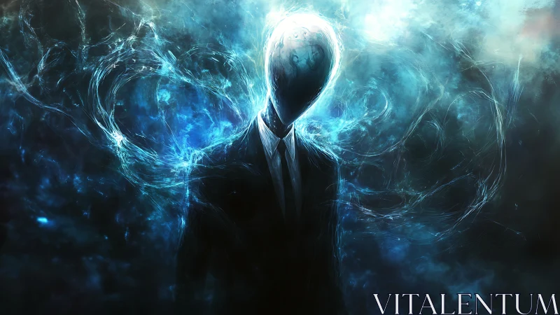 Ethereal faceless humanoid in suit amid luminous blue energy field