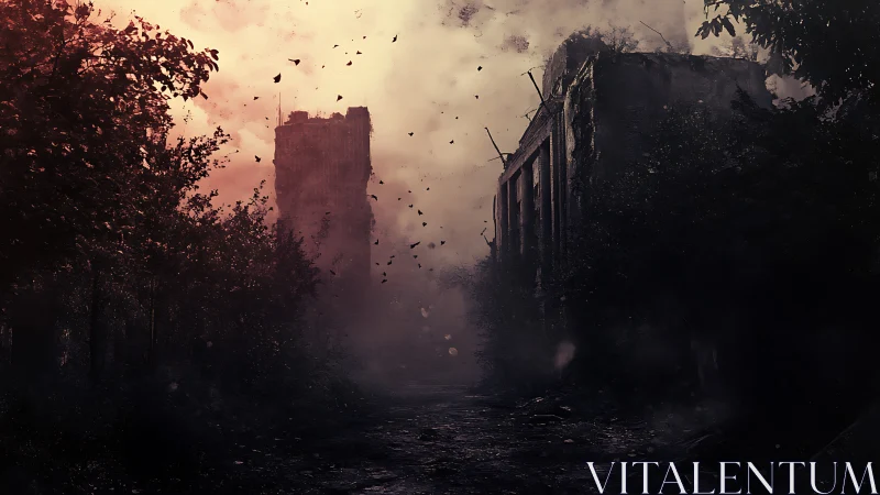 Twilight storm haunts a crumbling post-apocalyptic street.