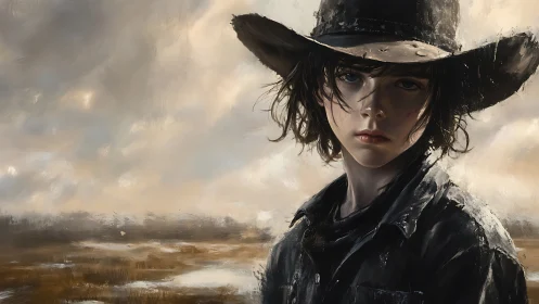 Solitary young cowboy stares into a windswept painted plain