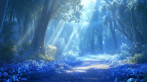 Luminous forest path with blue flowering ground cover