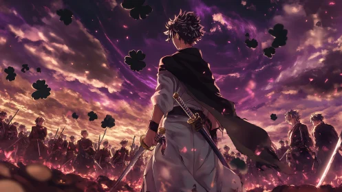 Swordsman leader facing gathered warriors at dusk sky.