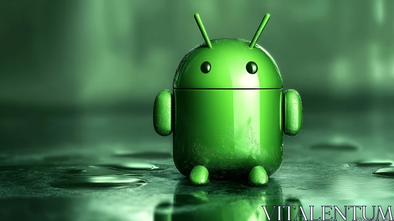 Glossy green android mascot on reflective wet surface.