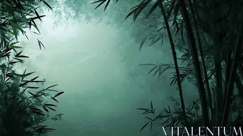 Mist-drenched bamboo hollow framing a hush of jade light.