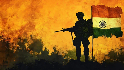 Indian soldier silhouette guards tricolor under burning sky