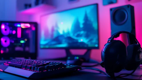 Cozy neon gaming desk glowing with colorful night energy.