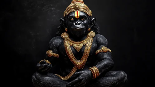 Simian figure in ornate gold regalia against dark background.