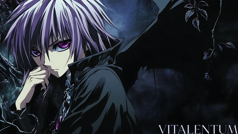 Brooding violet-eyed nightwalker wrapped in stormed wings.