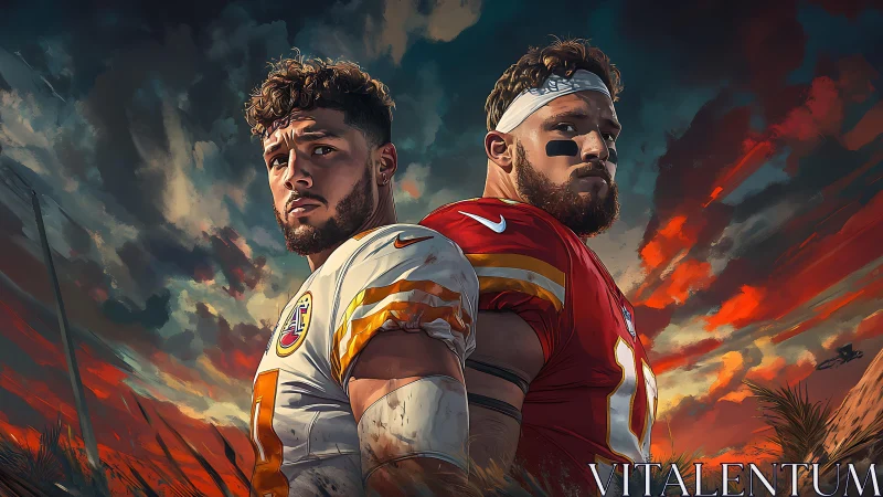 Back-to-back football warriors under blazing sunset sky.