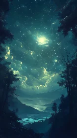 Night sky over forested valley with luminous cloud core.